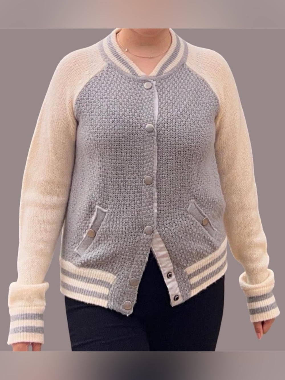 Gray & cream varsity cardigan.
